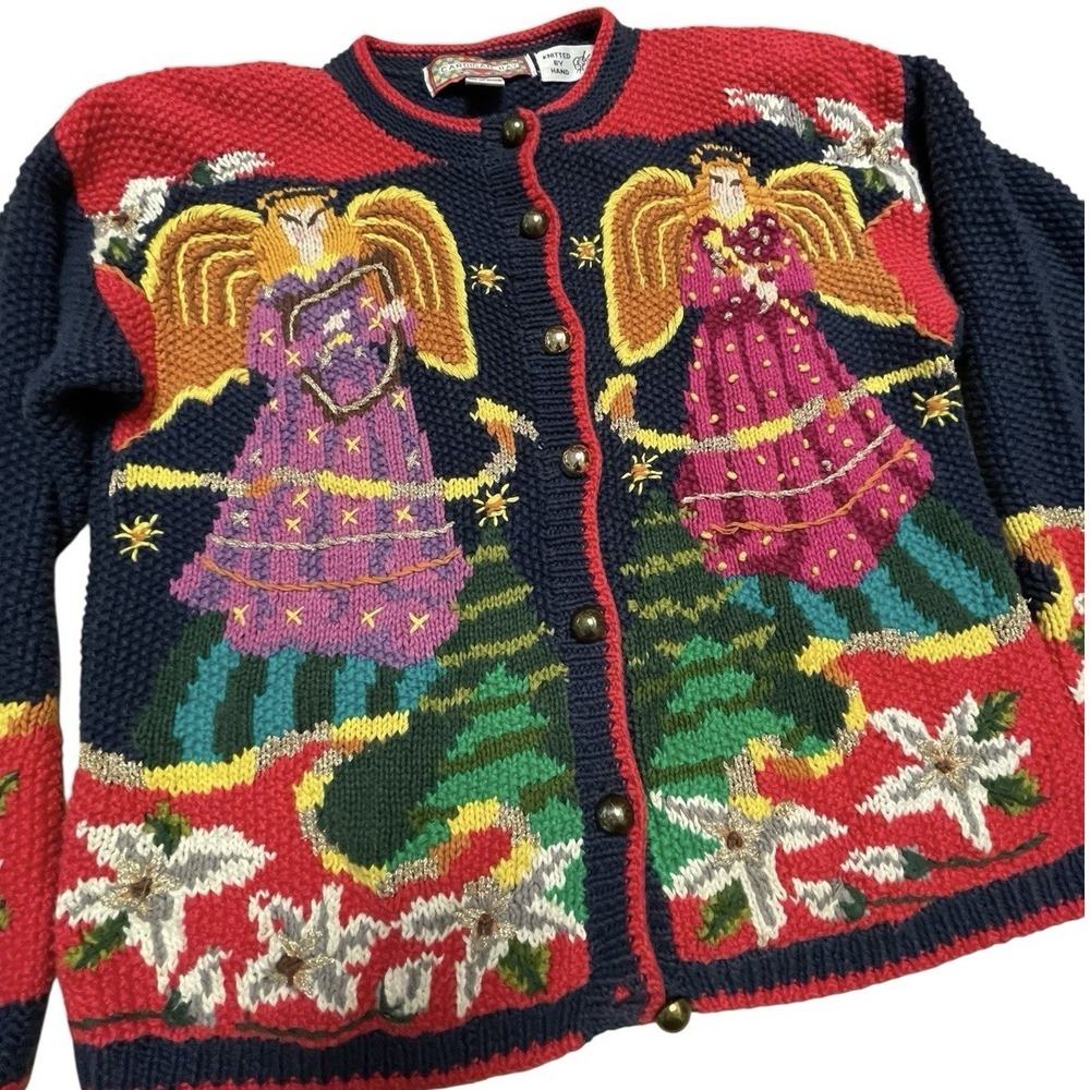 Vtg 80s Ugly Sweater Christmas Angel Cardigan Womens S‎ Chunky Holiday Cottage
